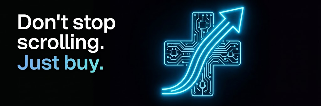 tickr banner: Don't stop scrolling. Just buy. A glowing neon-blue arrow rising through a circuit-board cross.
